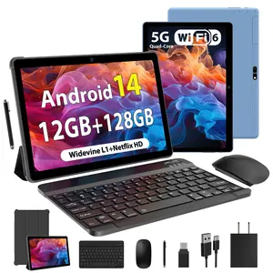 Android 14 Tablet Bundle, 10.1" IPS HD Display, 6GB Native RAM (Supporting 12GB Expand) + 128GB ROM (Up to 1TB Expandable), Quad-Core Processor, 8000mAh Battery, Dual-Band WiFi, Complete Set with Keyboard, Mouse, Stylus & Case, WiFi-Only Tablet PC
