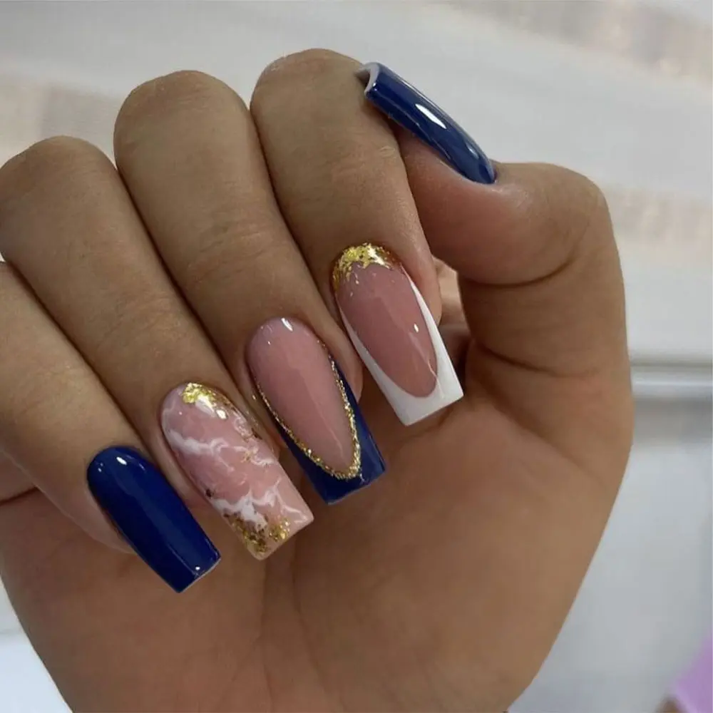 24pcs Medium Square Blue French Press-On Nails, Glossy Finish, Glitter Nails, Decorative Nails, Nail Design, Glossy False Nails, Reusable DIY Nail Art for Parties, Daily Wear, Korean Style Women's Fake Nails