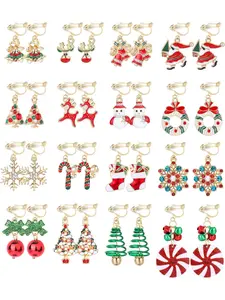 16 Pairs Christmas Clip on Earrings for Women Xmas Tree Bell Santa Snowman Elk Snowflake Non Pierced Clip Earrings Dangle Drop Earring Set Cute Festive Jewelry Gifts