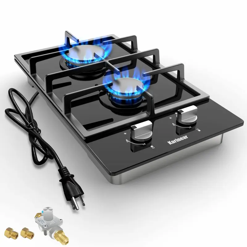 Karinear Gas Cooktop 2 Burner Propane Cooktop, LPG/NG Dual Fuel Gas Stove Top, Built-in Tempered Durable Glass Gas Cooktop for Apartment, Indoor, RV Kitchen Appliances