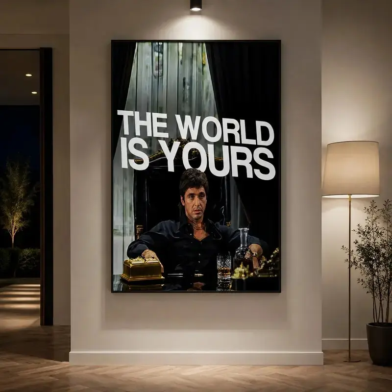 Scarface Tony Montana "The World Is Yours" Canvas Wall Art Print - Motivational Mafia Gangster Decor, Framed/Unframed Options for Man Cave Home Office, Vintage Cinematic Gift for Him