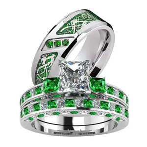 Couple Rings White Gold Plated 925 Sterling Silver Ring Green Square 2CT Zirconia Women Wedding Ring Sets Men Titanium Steel Ring