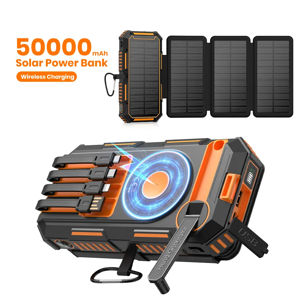 FEELLE Solar Charger Power Bank,  50000mAh Wireless Portable Solar Charger Built-in 4 Cables and Hand Crank, PD QC 3.0 Fast Charging USB C Battery Pack with Flashlight for Camping Travel