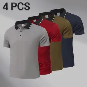 Men’s 4-pack short-sleeve polo shirts featuring classic contrast piping, soft and comfortable fabric, wrinkle-resistant material, suitable for business casual wear, travel, and summer activities.