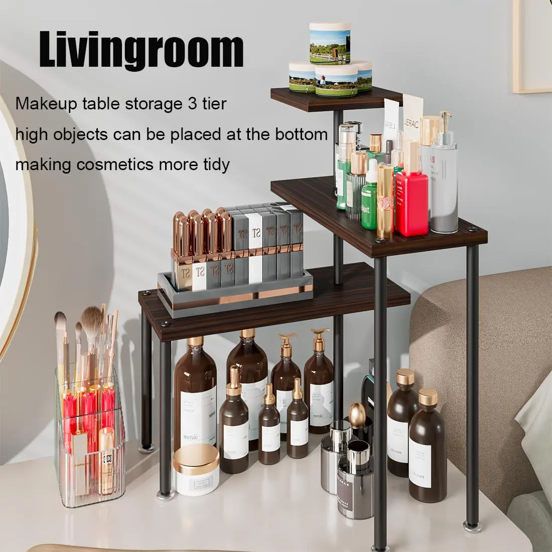 3-Tier Adjustable Corner Shelf Countertop Organizer, Compact 40x40cm Space Saver Storage Rack for Kitchen Over Sink & Bathroom, Smooth Modern Decorative Display for Spices, Cosmetics, Coffee Area Supplies