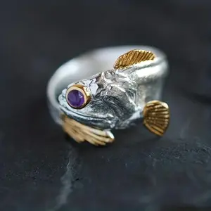 Classic Vintage Adjustable Lucky Purple Eye Fish Shaped Ring, Creative Opening Design Jewelry Gift for Women and Men, Fish Shaped Rings