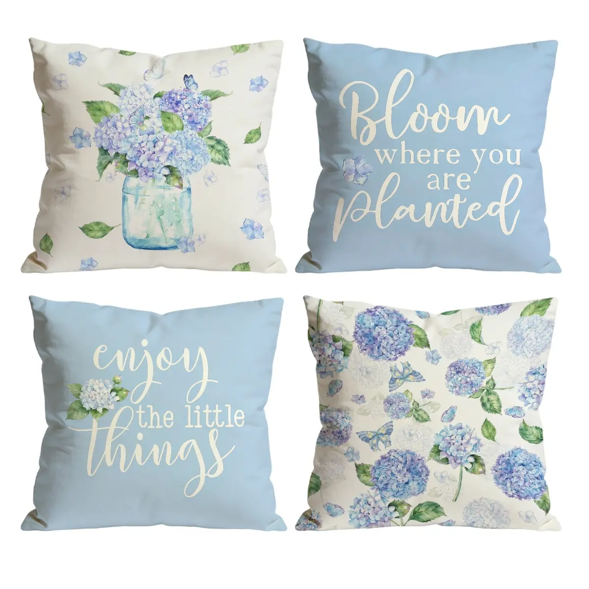 Set of 4 Blue Hydrangea Decorative Pillow Covers | Bloom Where You Are Planted Cushion Cases for Living Room Home Textile 0407YD