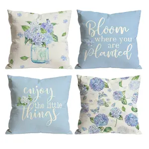 Set of 4 Blue Hydrangea Decorative Pillow Covers | Bloom Where You Are Planted Cushion Cases for Living Room Home Textile 0407YD