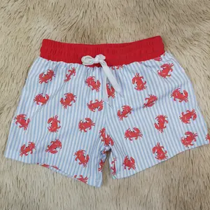 Crab stripe printed drawstring kids boys summer swim trunks