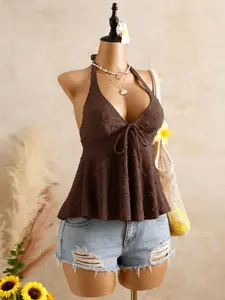 New Summer Style Soft Halter Top, Bold Deep V Lacing, Slim Fit Sleeveless Halter Top for Vacation Wear, Elegant Plain Design