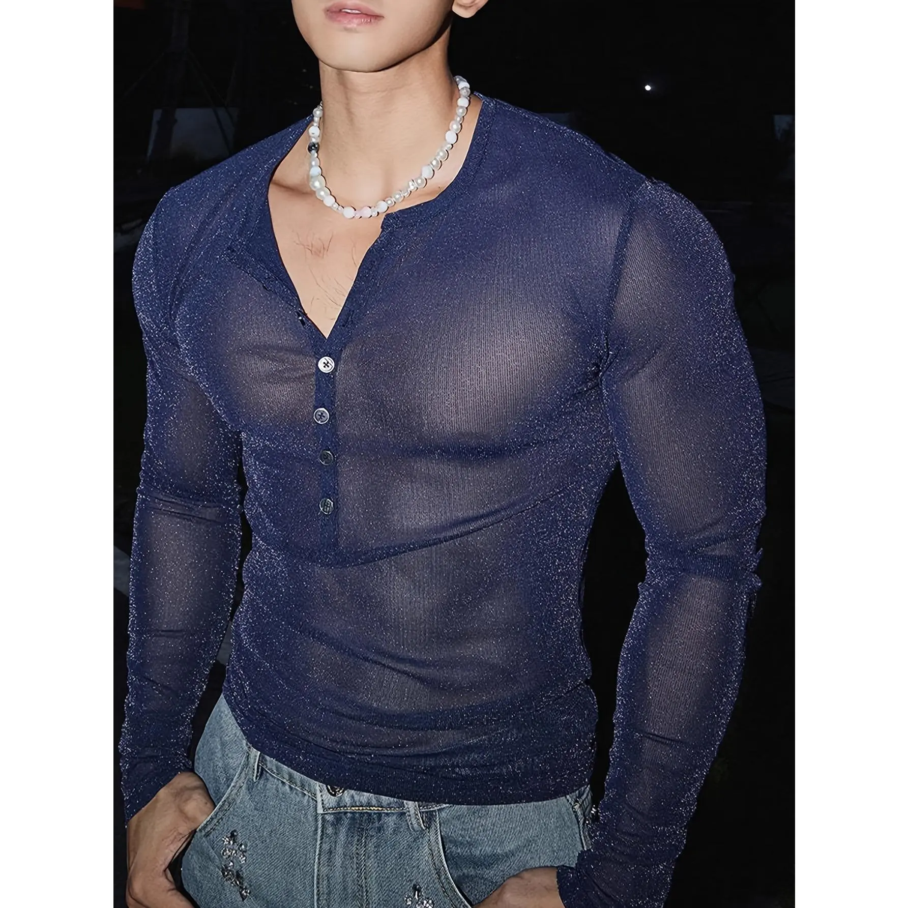 Shimmering glitter hollow-out long-sleeve T-shirt with henley collar, tight-fitting see-through top, party semi-transparent fashion tight-fitting men's long-sleeve base shirt with stretch