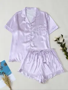 Women's Striped Print Satin Fitted Pyjama Two-piece Set, Button Front Short Sleeve Lapel Neckline Shirt & Shorts PJ Set, Pajamas, Women's Sleepwear for All Seasons, Womenswear, Loungewear