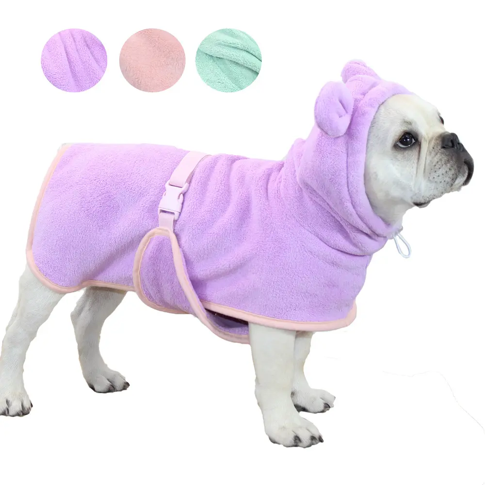 Hooded Coral Fleece Pet Bath Robe - Warm, Super Absorbent, Easy-to-Use Dog Grooming Accessory with Hooded Design, Multi-Size, Extra Coverage for Post-Shower Wear (Green, Pink, Purple)