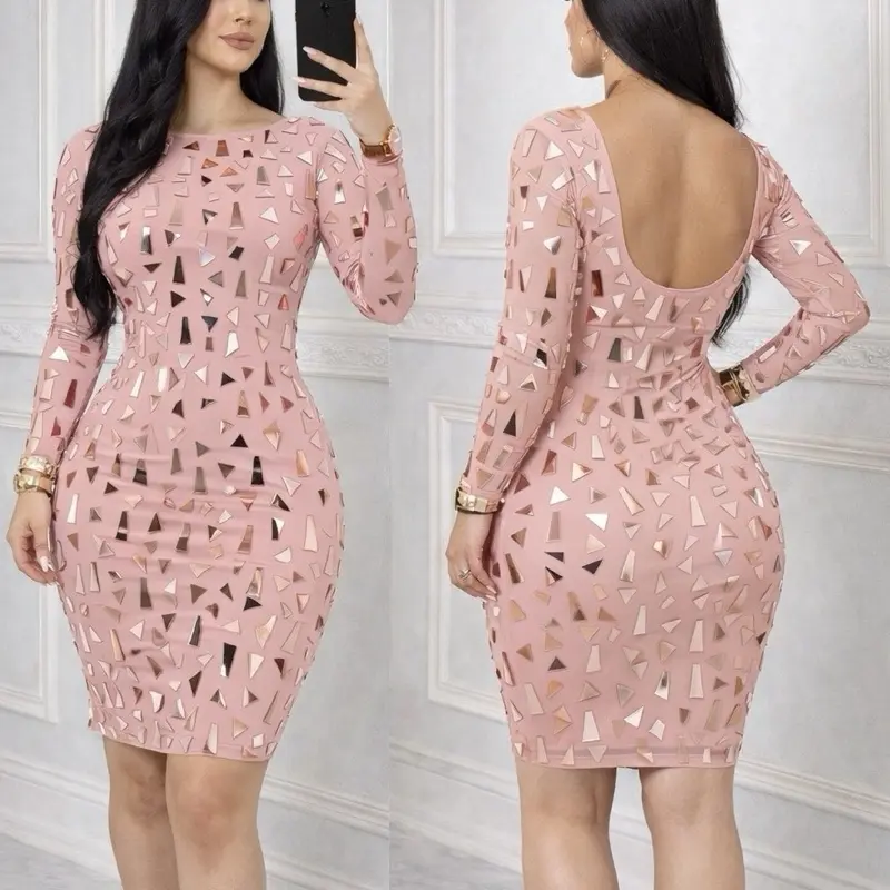 Women's Mirror Bodycon Dress - Elegant Long-Sleeve, Sexy Stretch Statement Piece for Versatile Seasonal Wear, Reflective Elegance, Unique Brand Theme