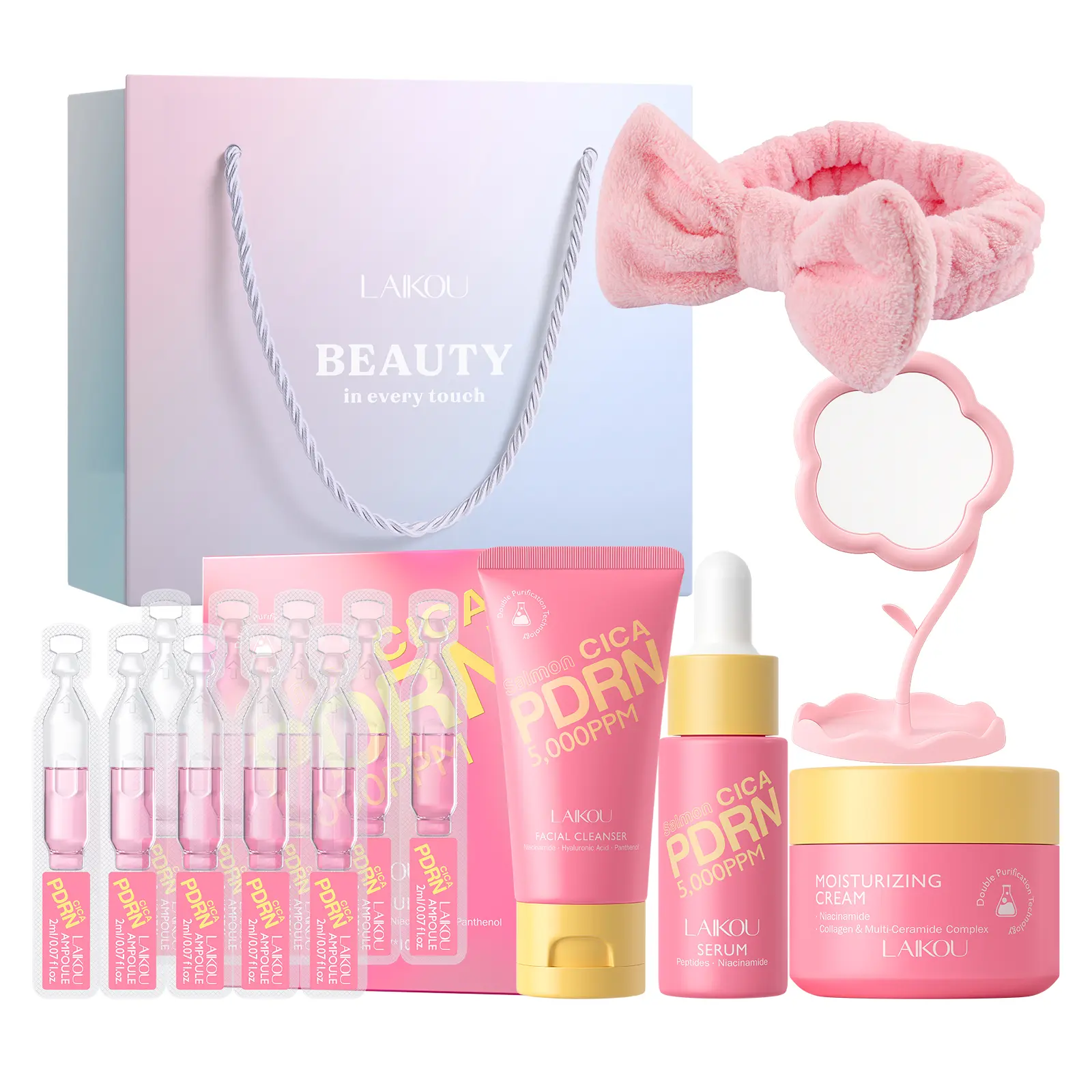 LAIKOU PDRN CICA Skin Care, Skin Care Set, Skincare Gift Set with Cleanser, Moisturizing Cream,Serum, Bandeau, Cosmetic Mirror for Women Lover Mother's Day Birthday Christmas Gifts Stocking Stuffers 6pcs