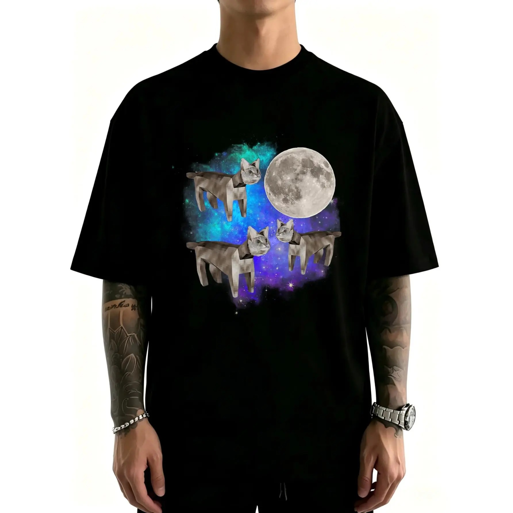 Men's Crewneck Cotton T-Shirt - Unisex Streetwear Top, 3 Cats Howling at Moon Cursed Brainrot Dank Memes Design