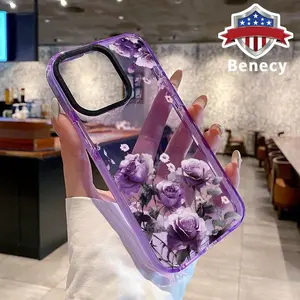 Case for iPhone 16 Pro Max 15 Plus 14 13 12 11 Elegant Purple Rose Non-Yellowing Shockproof Soft Silicone Transparent Cover