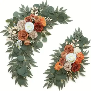 A 2-piece set of elegant burnt orange wedding welcome logo artificial flower decoration, with burnt orange flowers paired with green leaves, perfect for wedding ceremonies, arch flower decoration, home decoration, and restaurant decoration
