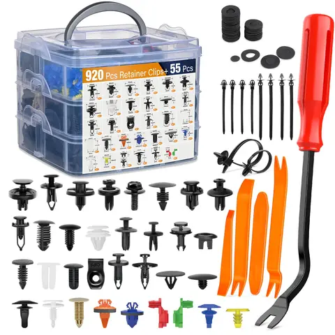975pcs Clips+Remover Automotive Accessories Bulk Kit - 33 Popular Sizes Nylon Push Retainer Clips, Bumper Clips, Auto Fasteners, Pitman Plastic Fasteners, Cable Ties, Removal Plier for Vehicle Replacement, Easily Removed to Cut Car Repair Costs