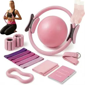 Pilates Ring Set 15 PCS Circle Yoga Ring, Pilates Ball, Adjustable Ankle and Wrist Weights, Resistance Bands, Grip Socks, Instruction Mauel Guides, Yoga, Women Home Workouts Essentials Starter Set