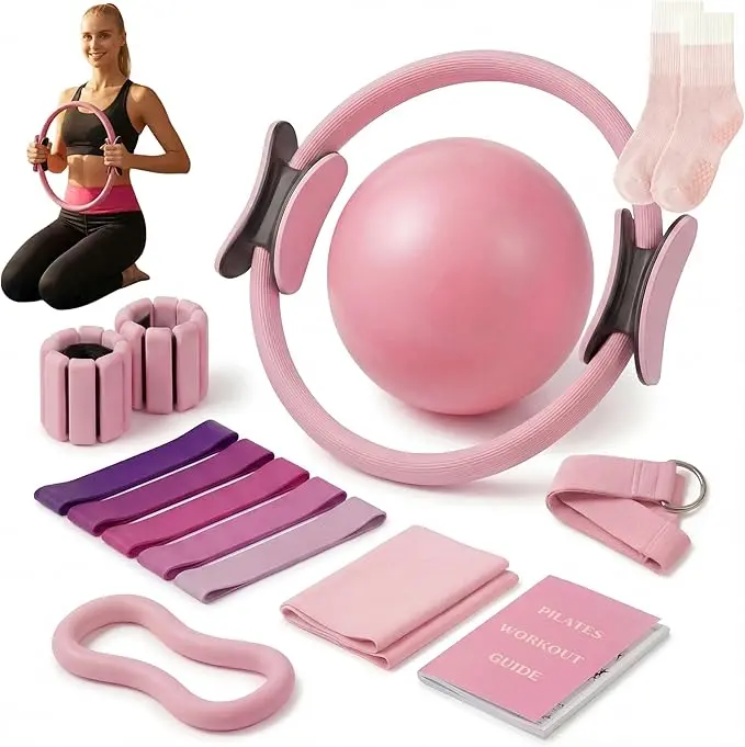 Pilates Ring Set 15 PCS Circle Yoga Ring, Pilates Ball, Adjustable Ankle and Wrist Weights, Resistance Bands, Grip Socks, Instruction Mauel Guides, Yoga, Women Home Workouts Essentials Starter Set