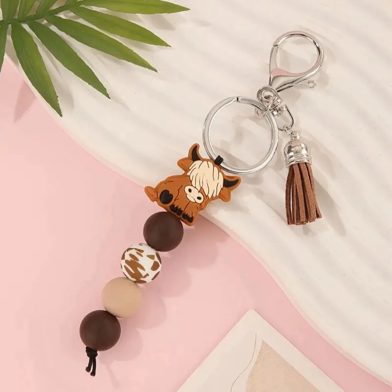 Cute Brown Cow Retractable Silicone Beads Keychain with Tassel Gift for Country Girls Unique Accessory special gift trendy exquisite