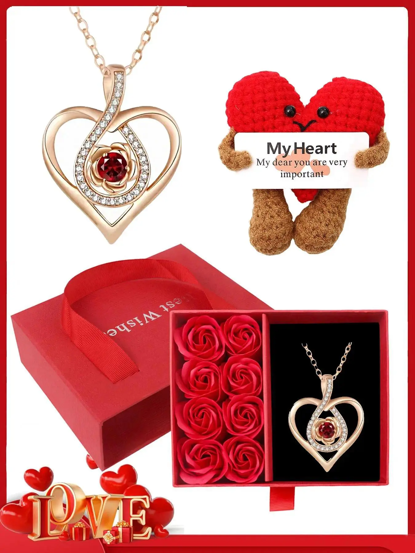 Mother's Day gift: Heart-patterned soft plush doll, eternal rose gift box, heart zircon necklace, Rhinestone decorated jewelry, Heart design necklace, Boxed present for women—mom, Ideal for Mother’s Day, anniversaries and warm surprises