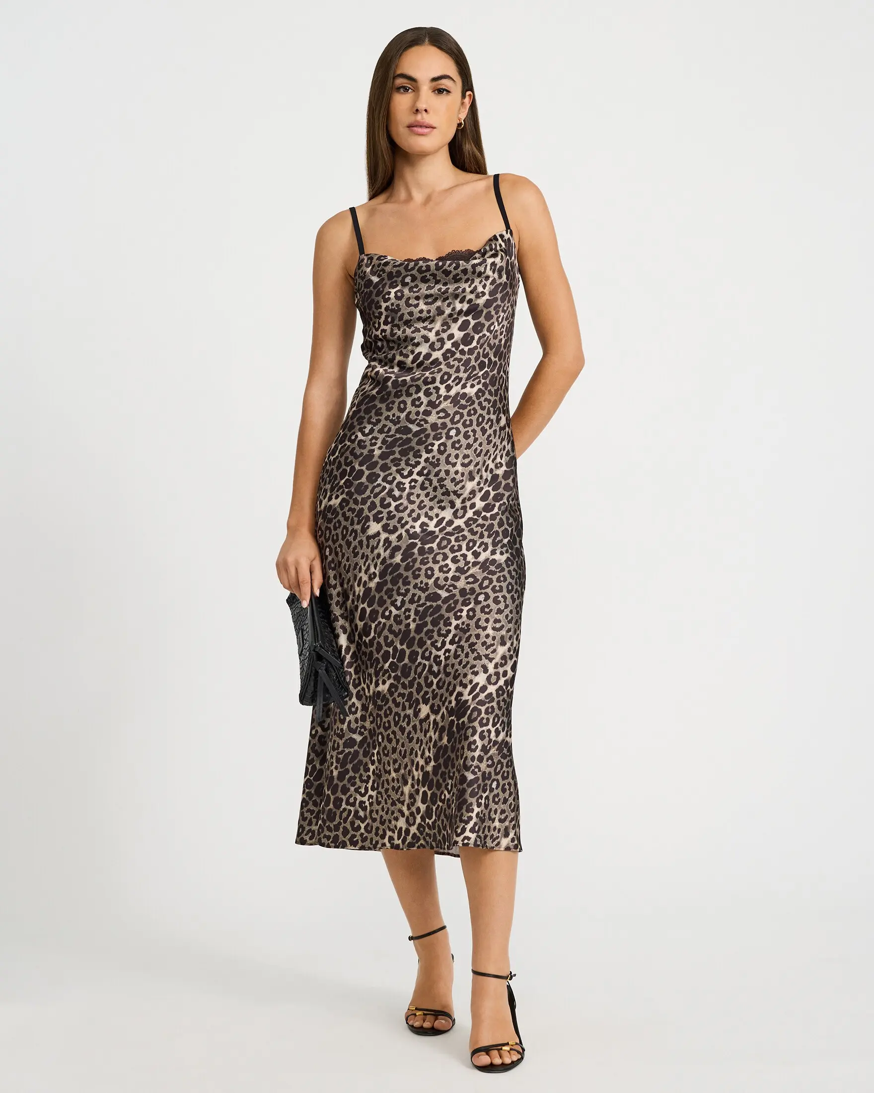 Express Satin Leopard Cowl Neck Lace Midi Slip Dress