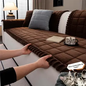 Non-Slip Thick Sofa Cover for Dogs & Cats, Pet-Friendly Plush Velvet Couch Protector Pad, Warm Winter Quilted Furniture Sofa Mat, Machine Washable with Ruffle Edge for Living Room, Multiple Colors Available for 1/2/3/4 Seater Sofa.