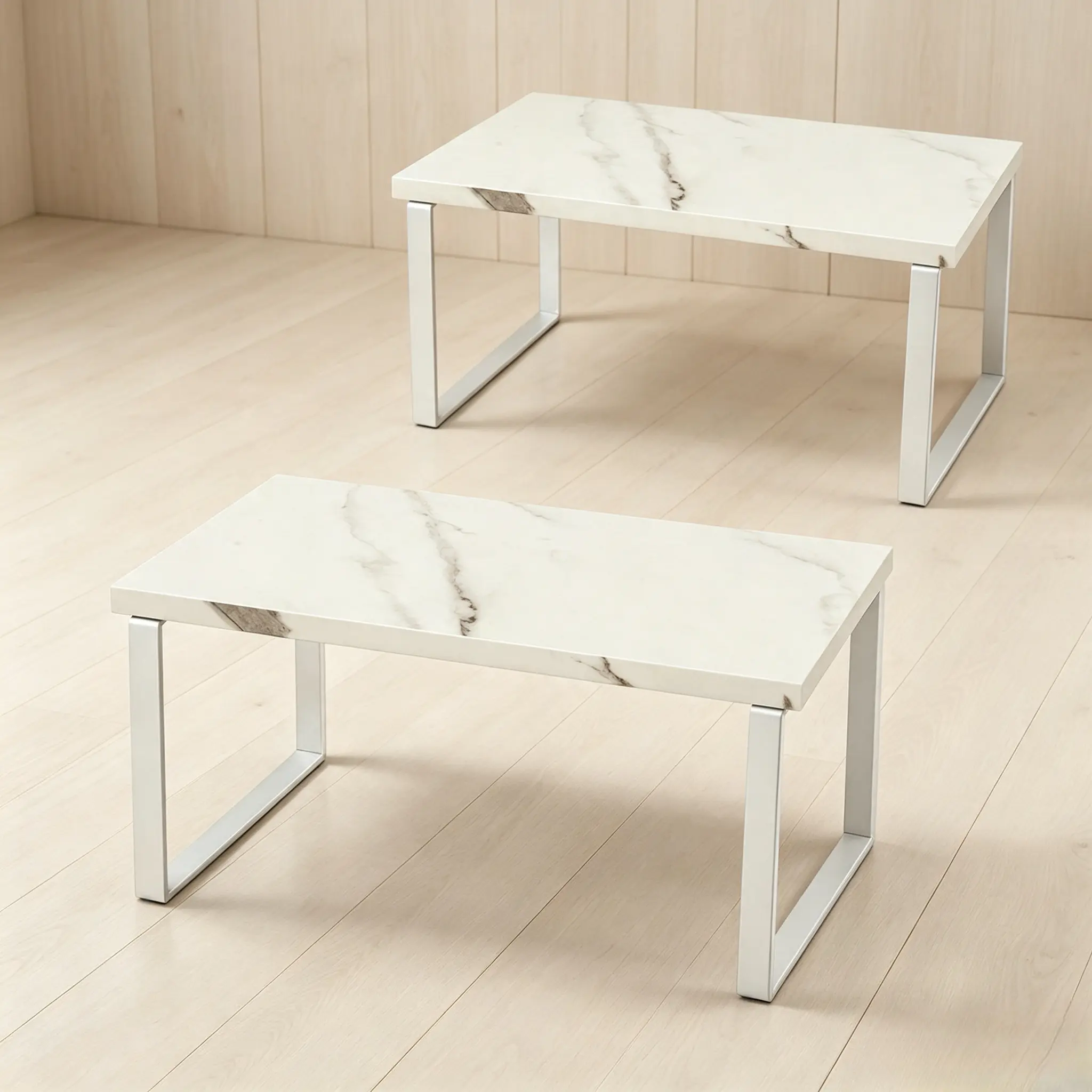2-Pack Stackable Counter Shelf Risers, Kitchen Cabinet and Pantry Organizer Shelves, Wood Tone & Marble