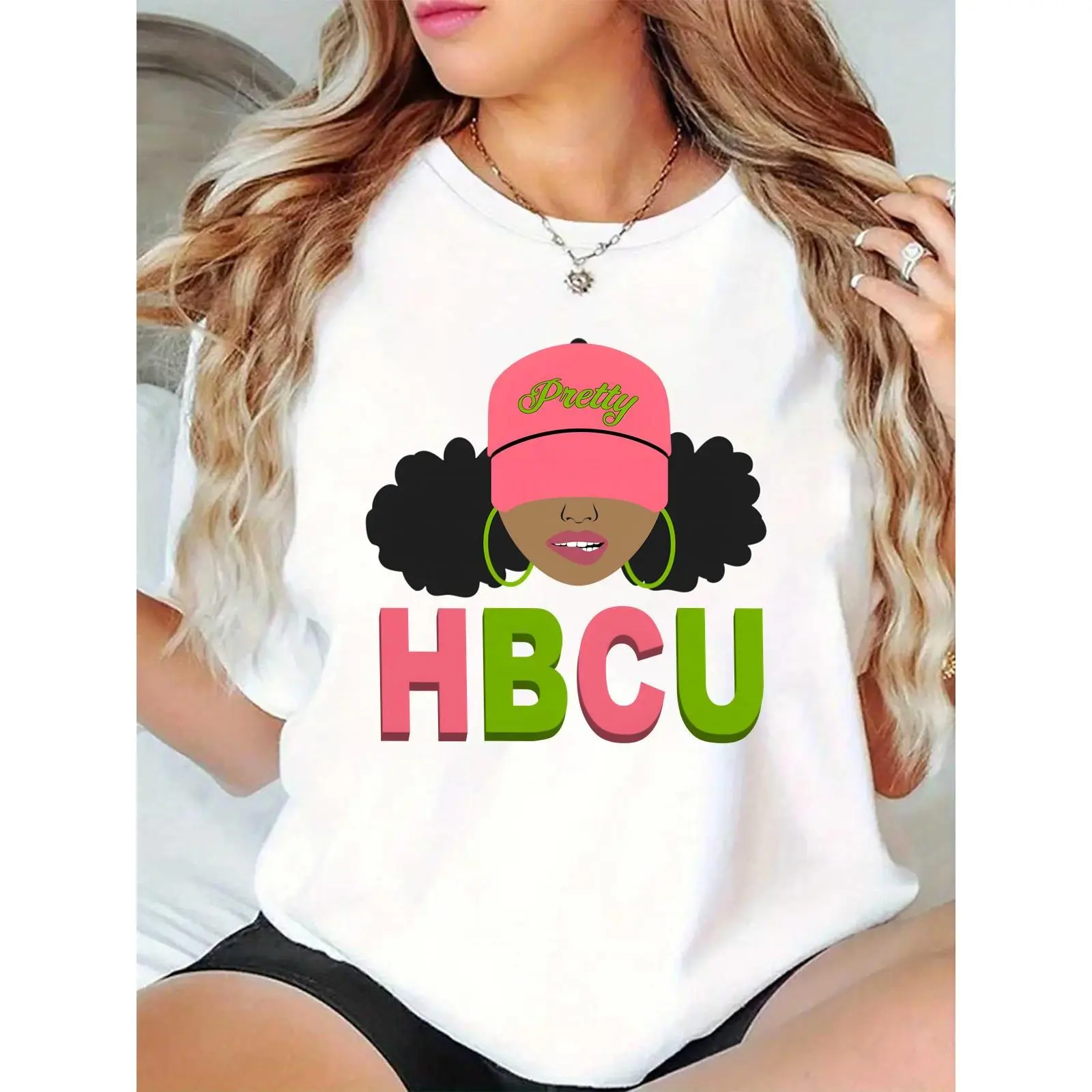 Women's HBCU Graphic Round Neck Casual Tshirt - 100% Cotton, Lightweight, Breathable, Short Sleeve Clothes with Black Girl Magic Design, Pink Cap, Green Hoop Earrings for HBCU Events, Fit for Back to School, Tops, Comfortable, Crew Neck, Relaxed Fit, Loos