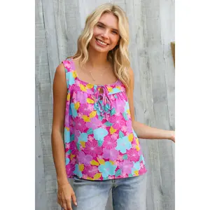 Summer Vibes Fuchsia Square Neck Floral Bow Tie Top