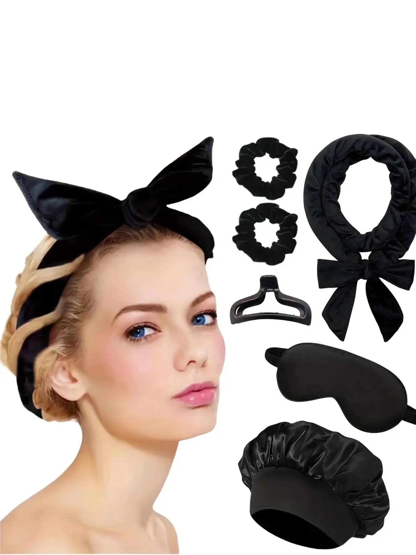 6pcs Curling Hair Set, No-Heat Hair Curlers, Plush Cloth Bowknot Hair Curling Wand And Curling Iron, Suitable For Overnight Use, Eye Mask,Hat, Softer And More Durable,Hair Curlers,Curly Hair Brush,Rollers,Curly Hair Products No Damage Gift