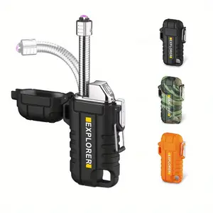 USB Rechargeable Arc Lighter with LED Display, Extended Flexible Hose & Textured Grip - Ideal for Hiking, Camping, BBQ, Gas Stoves, Candles & Gifts (Black, Camo, Orange), Camping Light