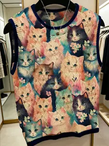 Women's Cartoon Cat Animal Floral Printed Round Neck Vest Top, Sleeveless Knitted Sweater Vest for Spring Summer Fall, Casual Loose Fit