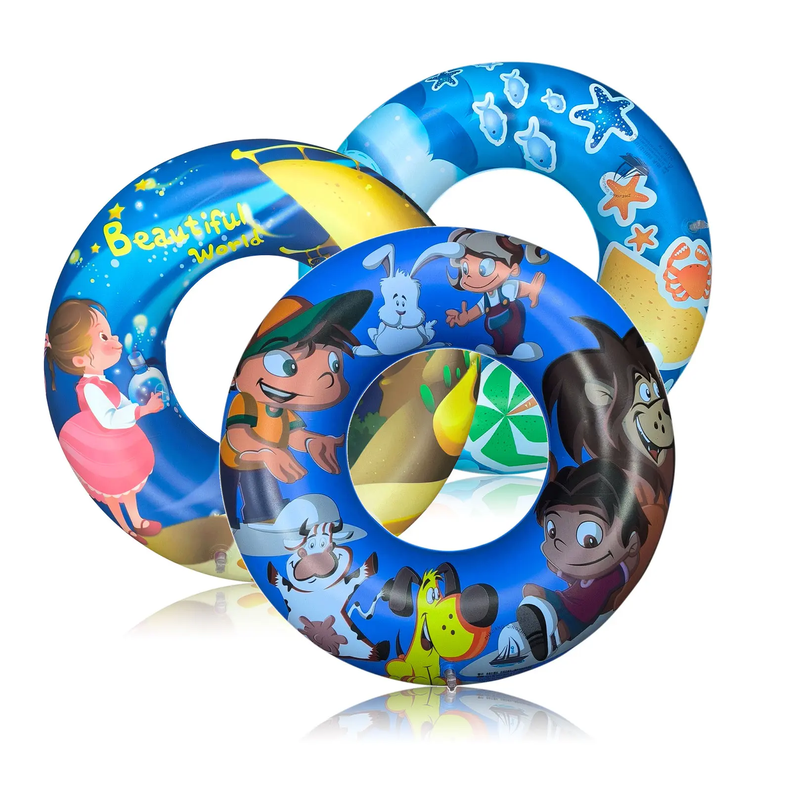 3-Pack Inflatable Swim Ring Set Tropical Beach & Cartoon Prints Extra Thick 0.25mm Small 21.65 Inch Durable PVC Pool Floats Water Party Tubes for Family