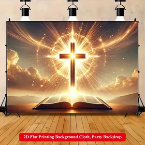 2D Flat Printing Backdrop Banner 1pc, Illuminated Cross And Holy Bible Polyester Background Cloth, Party Decoration Supplies, Indoor Backdrops, for Family Party, Wedding, Birthday, Christmas, Thanksgiving, Room Decorations, Easy to Set Up, Reusable