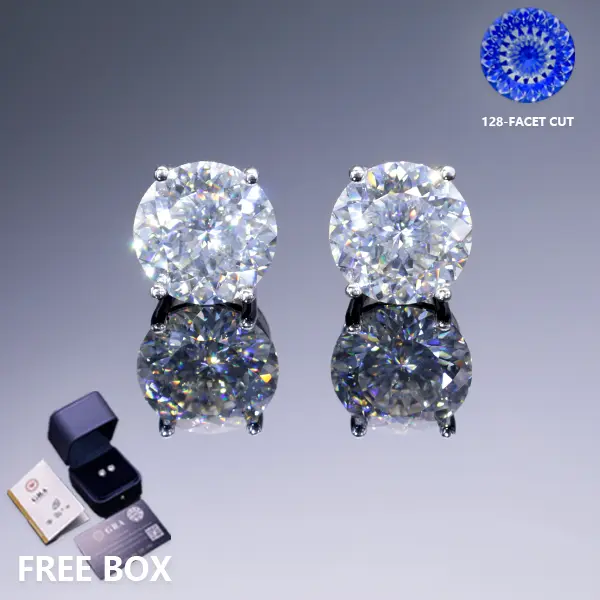 Moissanite Stud Earrings S925 Sterling Silver for Men and Women Screw Back 6.5mm 8.0mm 1carat 2carat 14K White Gold Plated 128-Facet Cut D Color VVS1 With GRA And Gift Box