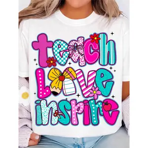 Women's Teacher T-Shirt - Teach Love Inspire Graphic Tee - Soft Breathable Cotton Shirt - Teacher Apparel with Pink, - Educator Gift for Women - Lightweight Everyday Outfit - Teacher Appreciation Present - Staff Clothing - All-Season Comfort Fit, Playful