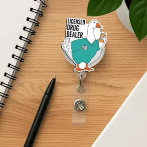 Funny Licensed Drug Dealer Goose Sparkly Retractable Badge Reel Cute Pharmacist ID Holder For Pharmacy Tech Medical Work Accessory