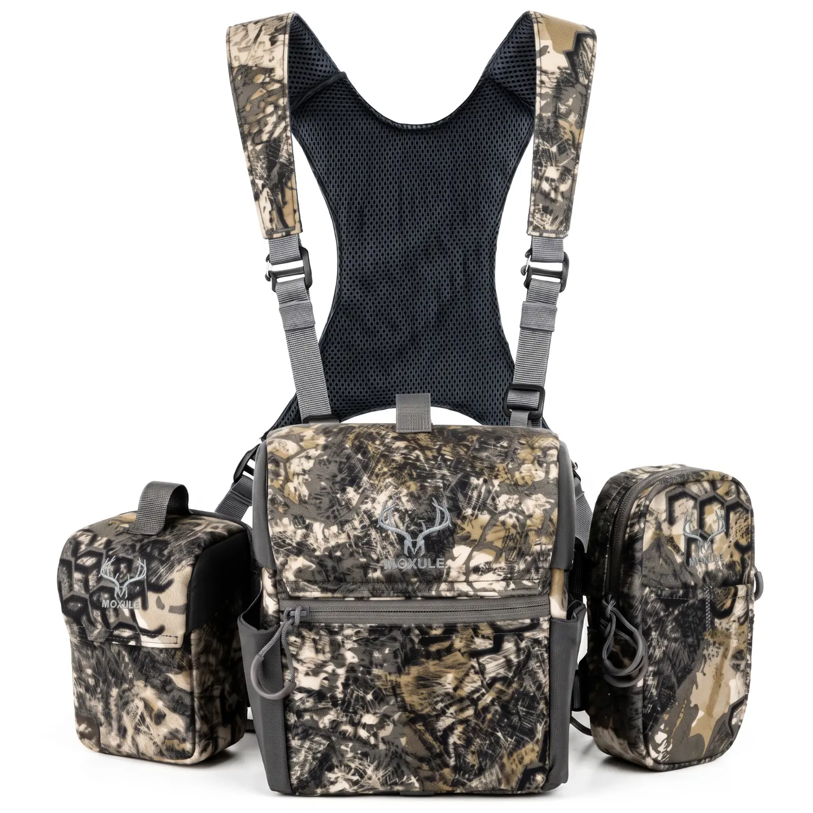 MOXULE Binocular Harness Chest Pack - Waterproof Bino Case with Rangefinder Pocket, Silent 1-Hand Quick Access for Hunting, Bird Watching, Hiking, Wolf Brown