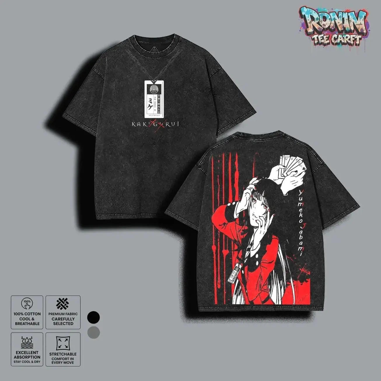Men's Yumeko Jabami Kakegurui Manga Washed Cotton T-Shirt - Gothic Anime Streetwear Graphic Top, Oversized Seamless Casual Fabric Tee for Fans, Tshirt, Menswear, Round Neck, Graphic Print, All Seasons, Loose-Fit, Pre-Washed, Premium Cotton P2J