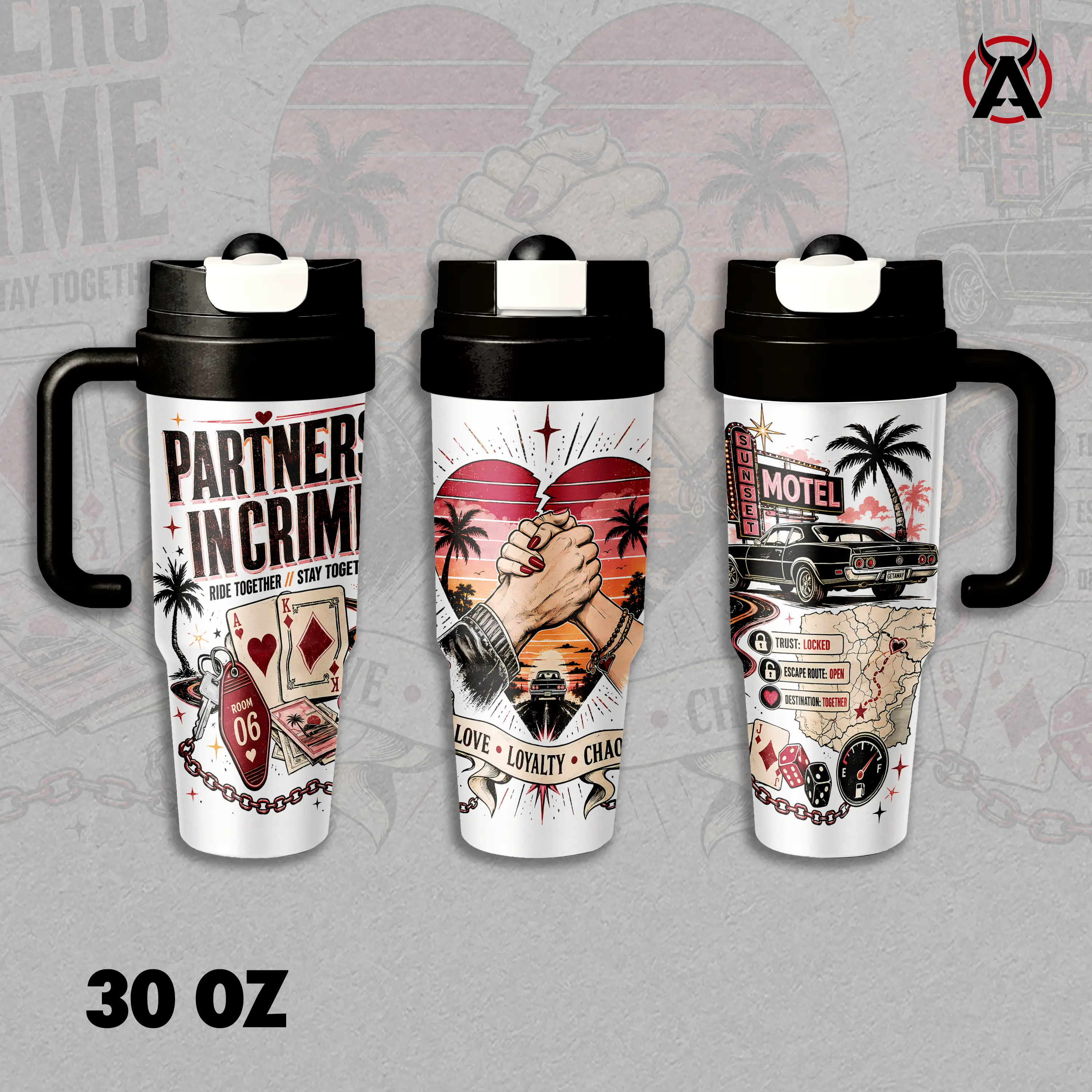 Partner in Crime Couple Love Loyalty Road Trip Insulated Tumbler 17oz 24oz 30oz Stainless Steel Double Wall Vacuum Leak Proof Travel Mug Hot Cold Coffee Cup Gift for Couples