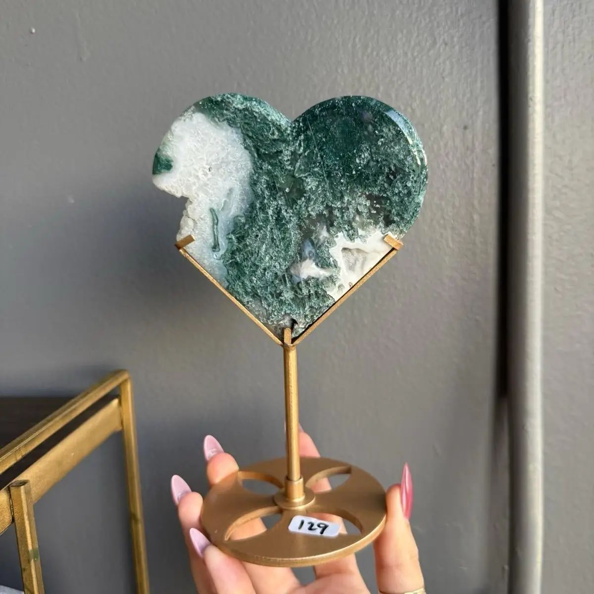 Moss Agate Crystal Heart with Stand Collector Green
