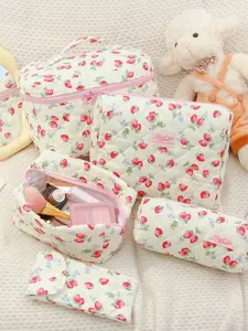 Cute Strawberry Pattern Makeup Bag, Large Capacity Travel Cosmetic Organizer, Multi-Functional Storage Pouch for Girls, Handy Makeup Brush & Pencil Case, Zipper Makeup Bag