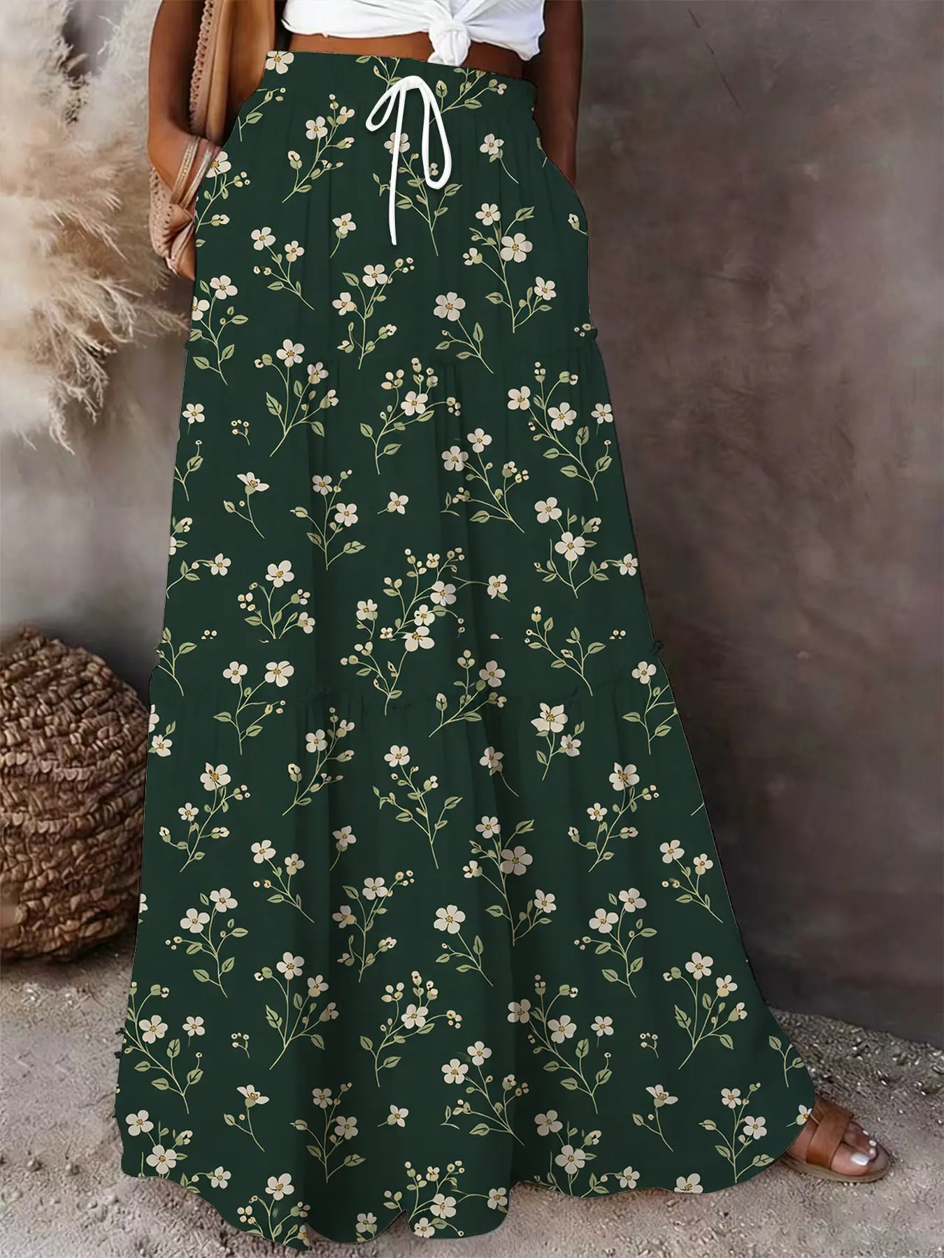 Green Leaf Floral Print Maxi Skirt | Boho Bohemian Botanical Tiered Skirt with Pockets Casual Fashionable Skirt