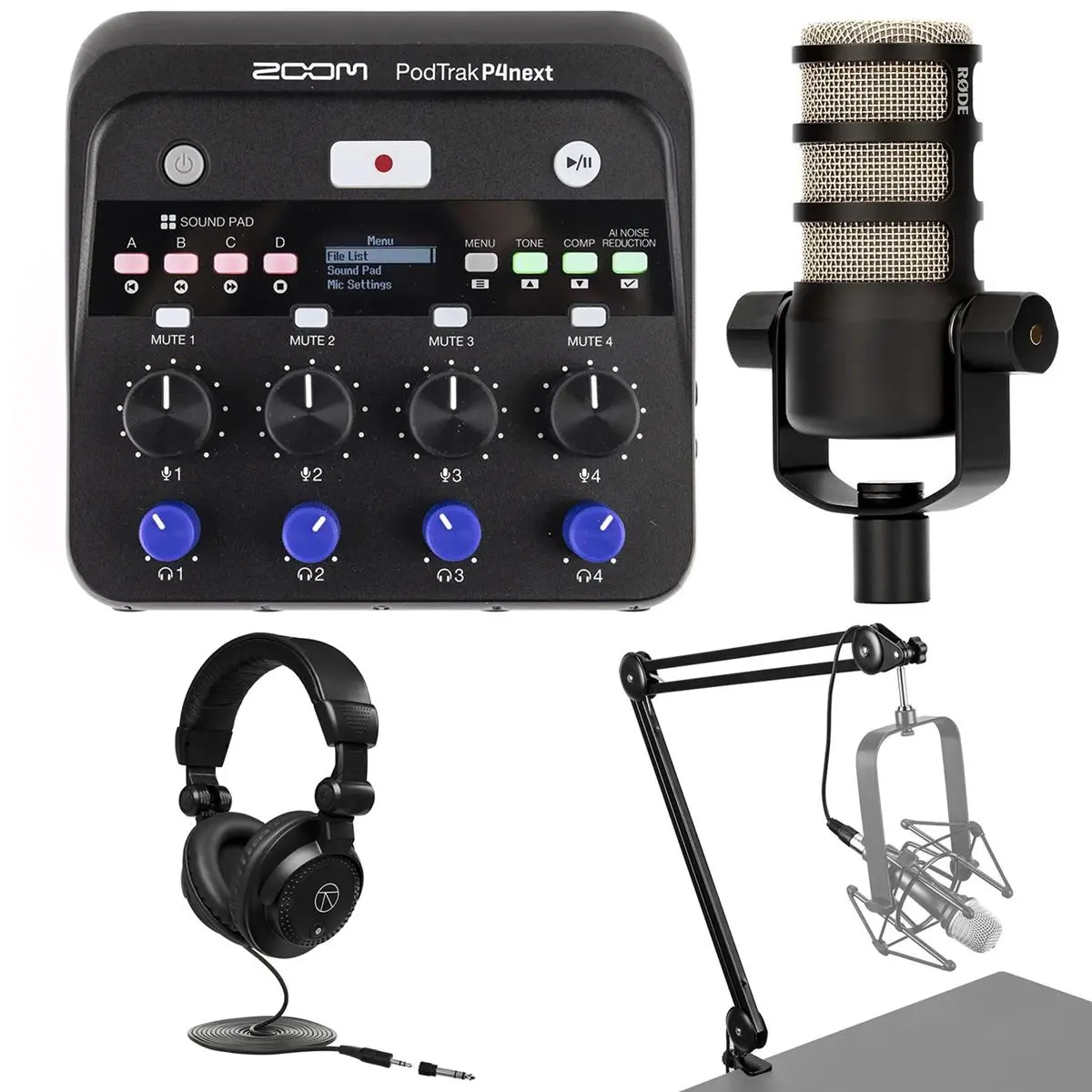 Zoom PodTrak P4next Podcast Recorder with PodMic Dynamic Podcasting Microphone, Closed-Back Studio Monitor Headphones, and Broadcast Arm with Internal Springs and Integrated 10' XLR Cable