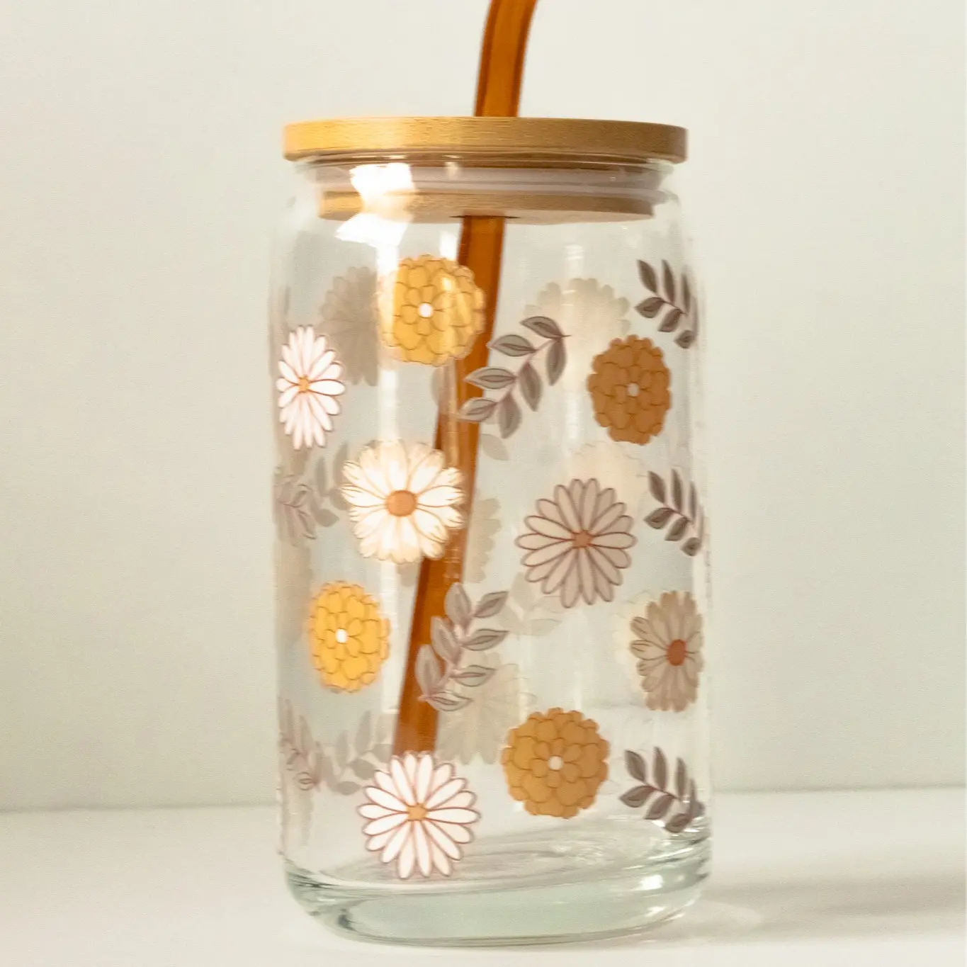 Orange Floral Glass Cup