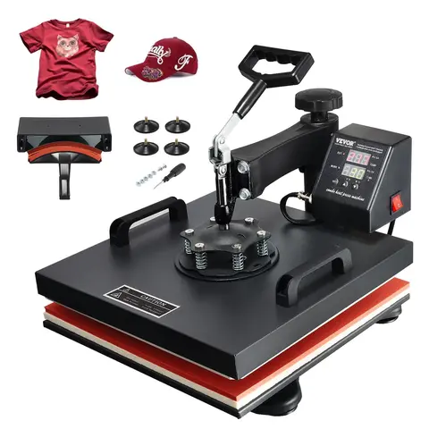 VEVOR 2-in-1 Heat Transfer Machine with Hat Press, 110V 15x15 Inch Flat-Curve Design, 360° Rotation, Digital Precise Control, 0–999s Timer, Fast Even Heating, Fullrange Pressure, Composite Cotton Compatible for Sublimation, Clothing Printing, Black