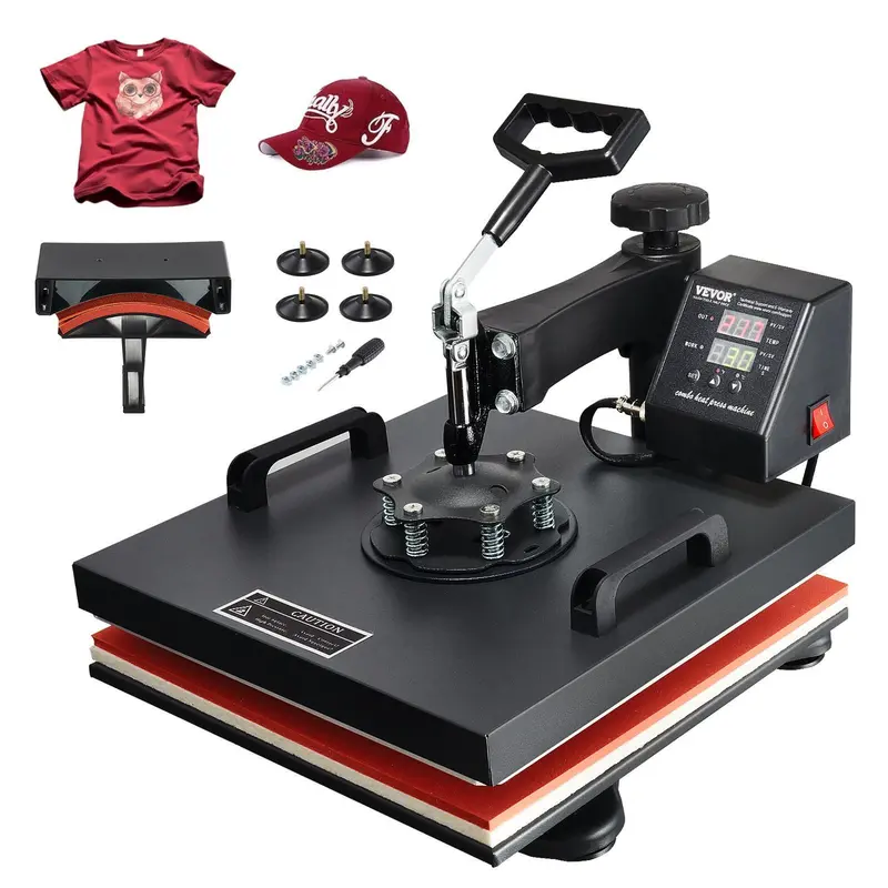 VEVOR 2-in-1 Heat Transfer Machine with Hat Press, 110V 15x15 Inch Flat-Curve Design, 360° Rotation, Digital Precise Control, 0–999s Timer, Fast Even Heating, Fullrange Pressure, Composite Cotton Compatible for Sublimation, Clothing Printing, Black